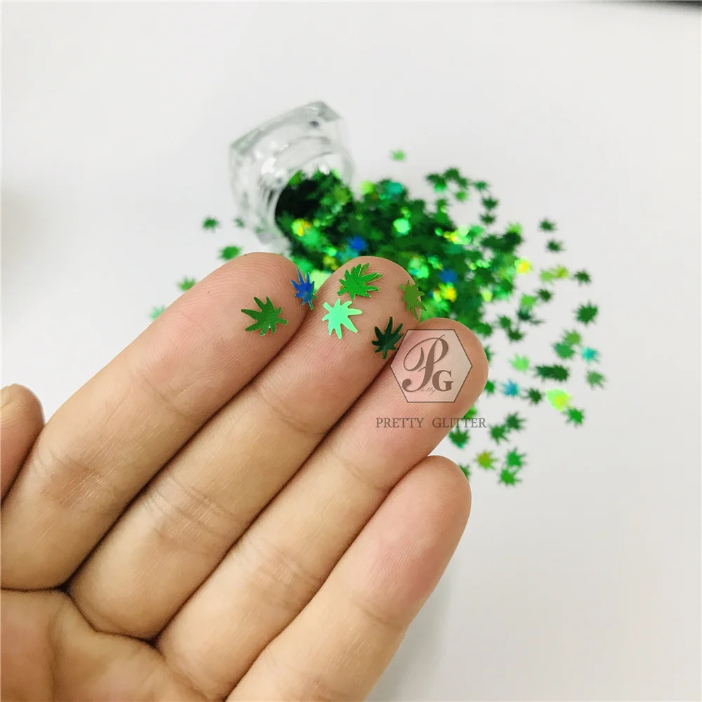 PrettyG 1 Box Weed Leaves Shape Holographic Glitter Sequins for Resin DIY Making Art Craft Nail Makeup Decoration Accessories