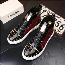 

Top Quality Fashion Men High Top British Style Rrivet Shoes Men Causal Luxury Red Gold Black Bottom rubber Shoes for Male N0-07