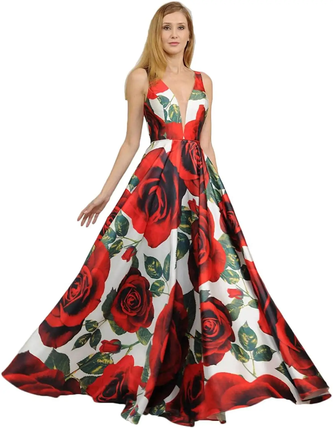 

Long Satin Floral V-Neck Prom Dresses with Pockets Sexy Corset Back Formal Party Dresses for Women