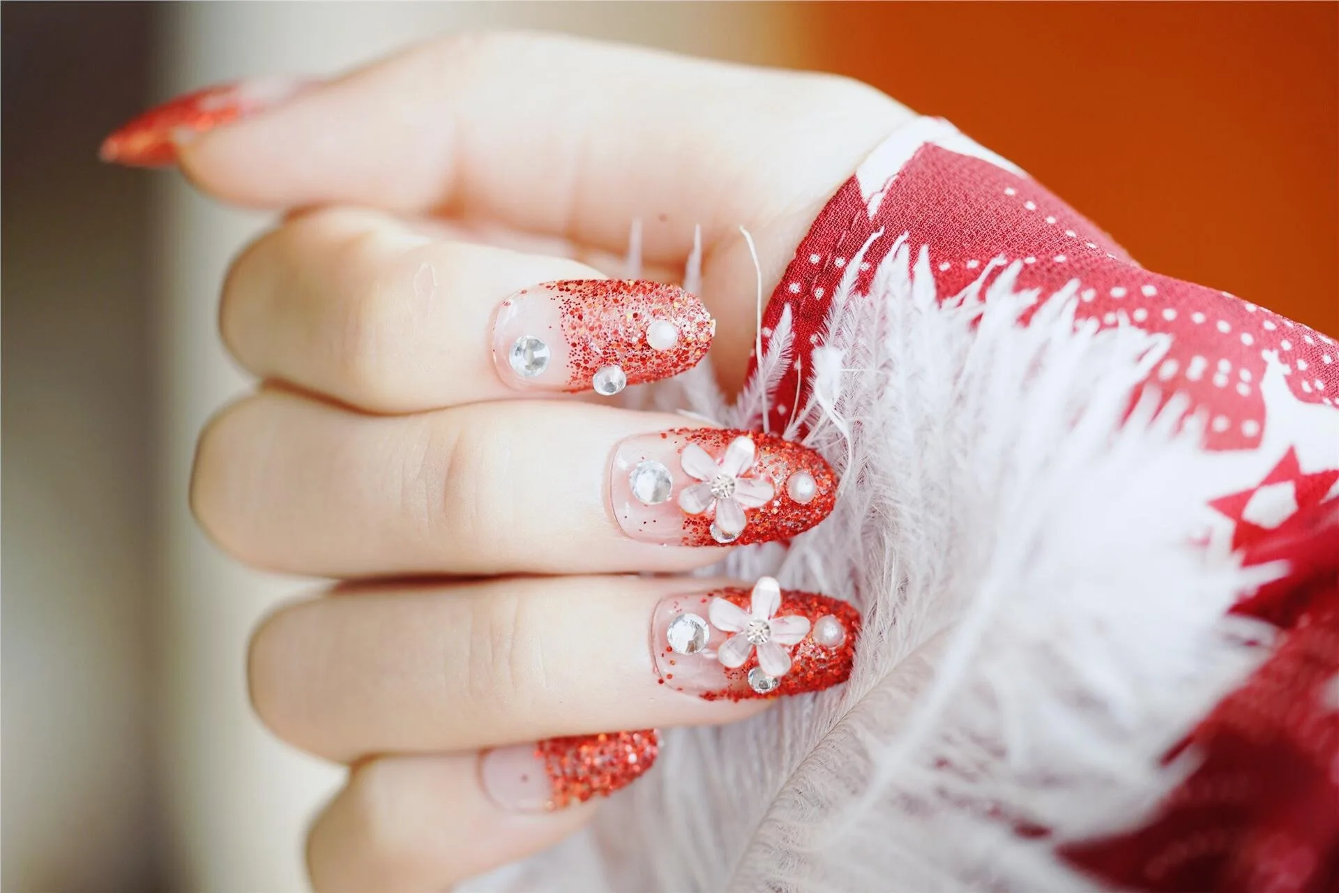 329-Red Handmade Small Flower Gum-Finished Product xin niang kuan Nail Tip Fake Nails Patch Manicure
