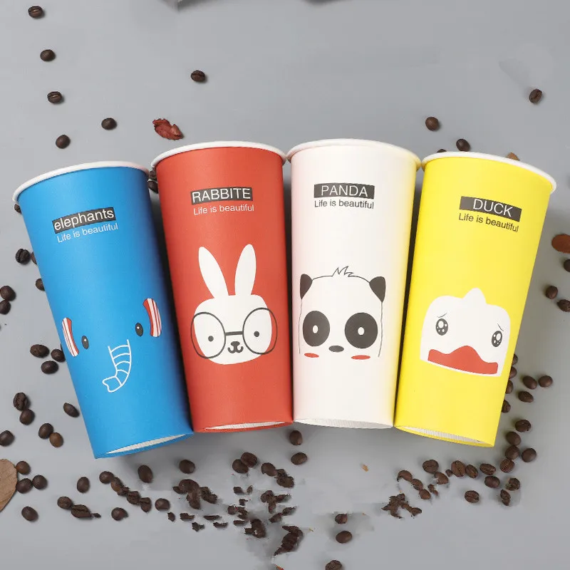 

50pcs Disposable thick paper cups cartoon animal pattern coffee hot drink cups color mixed milk tea packaging cups with lid