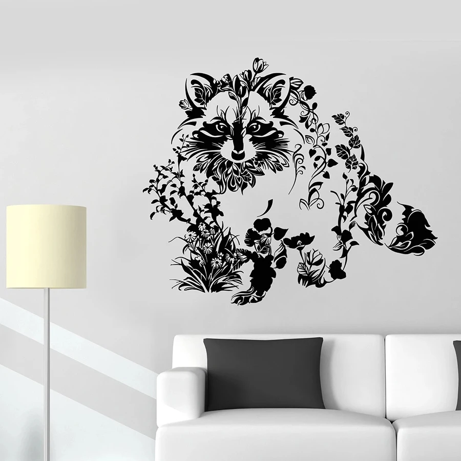 cheap Wall Decal Art Abstract Raccoon Animal Flowers Nature Vinyl Window Stickers Kids Bedroom Living Room Nursery Interior Decor M108