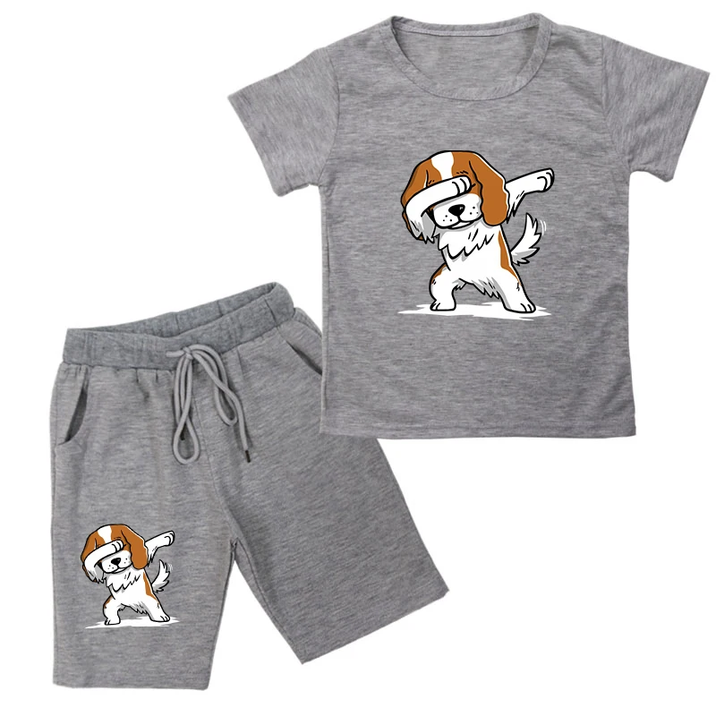 Детские комплекты одежды для девочек повседневные футболки летняя модная одежда с рисунком собаки каваи футболка для девочек+ короткие штаны, комплект из 2 предметов, детская одежда, костюмы
