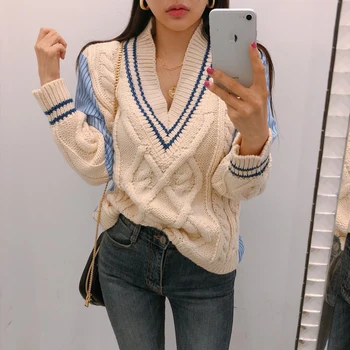 

2019 Autumn Winter Korean Knitting Pullovers Sweater Women V-neck Casual Wild LOOSE Female New Fashion Women Tops F271