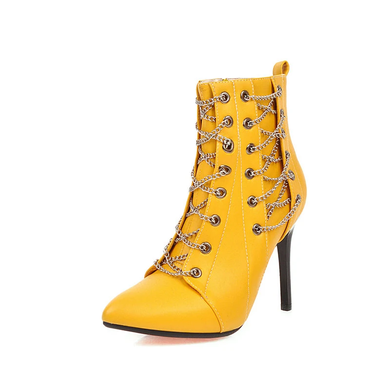 

Fall Winter 2019 White Stiletto High Heel Boots Women Yellow Sexy Club Chain PU Punk Ankle Boots Woman Plus Size Shoes Casual