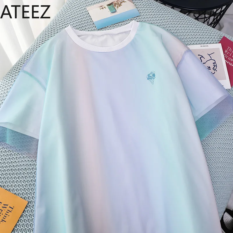ATEEZ Highstreet элегантный контрастный кружевной тонкий приталенный однотонный прозрачный пуловер Футболка женская Повседневная Женская футболка топ Корейская одежда Femme