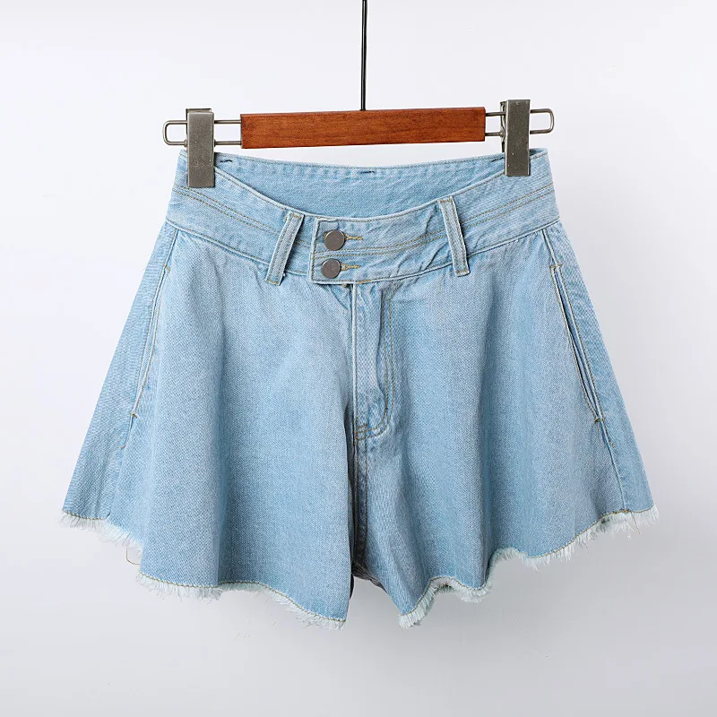 Light blue Широкие джинсовые шорты для женщин, летняя мода, уличная одежда, свободные шорты с высокой талией, потертые шорты с оборками размера плюс - Цвет: Light blue