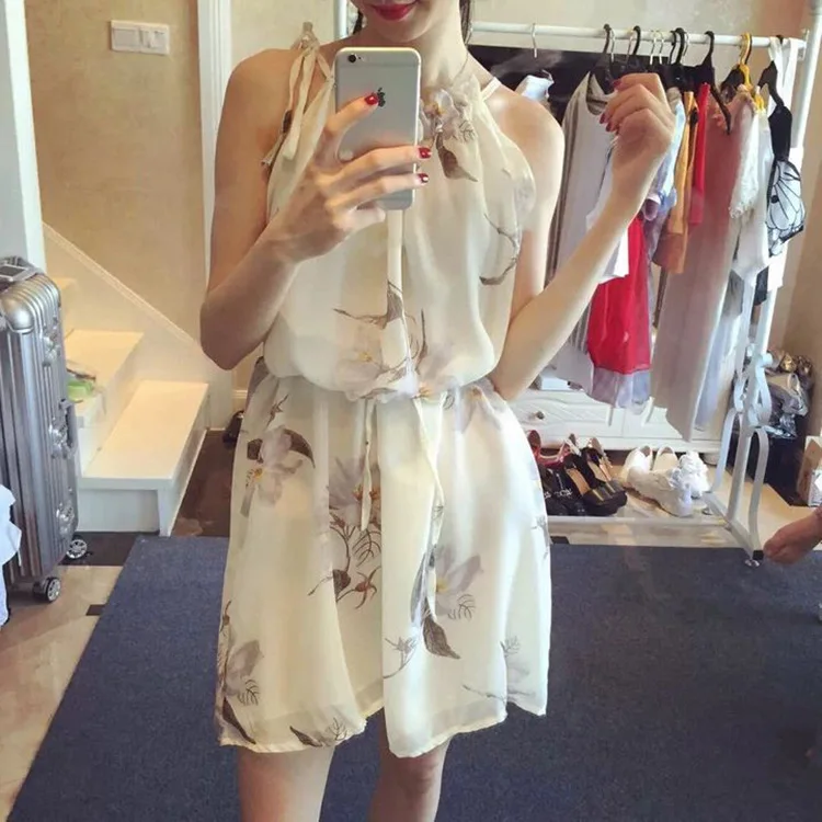 

4-6 Summer New Style Europe And America WOMEN'S Dress Loose Sleeveless off-Shoulder Halter Chiffon Sexy Dress Fashion