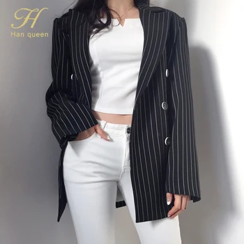 

H Han Queen Fashion Autumn Women Stripe Blazers Jackets Work Office Lady Suit Slim Double Breasted Business Female Blazer Coat
