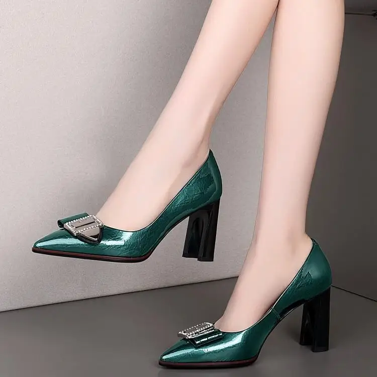 

New rhinestone pointed patent leather shoes for women in spring and autumn thick heel high heel leather 8cm