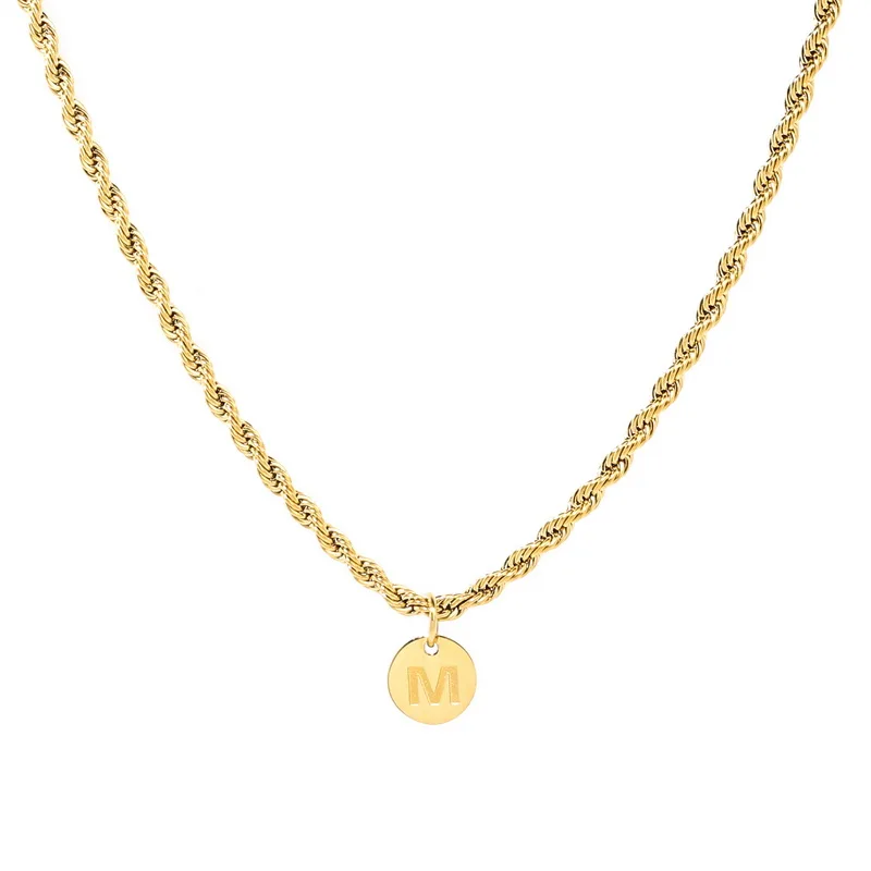 

French-Style Exquisite round Plate Small Letter M Linen Flower Color Necklace Clavicle Chain Titanium Steel Gold-Plated