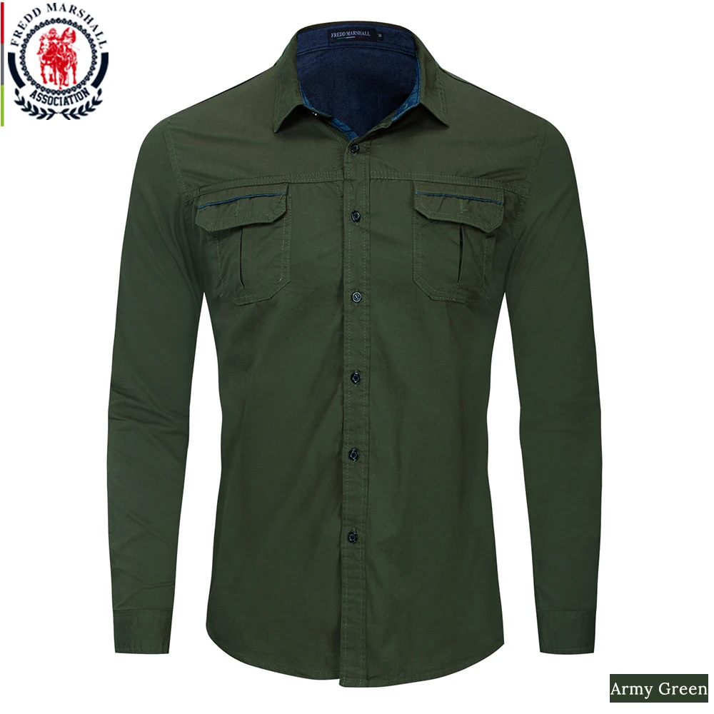 213 Army Green Fredd Marshall Осенние новые классические военные рубашки мужские повседневные однотонные карго базовые рубашки с длинным рукавом хлопковые топы 213 - Цвет: 213 Army Green