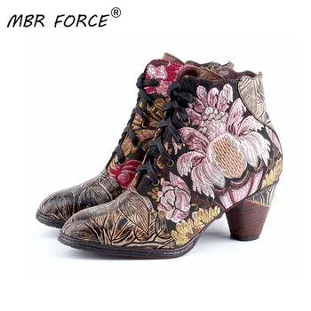

MBR FORCE women's shoes top layer cowhide retro women's leather boots original hand-painted high heels embossed women's boots