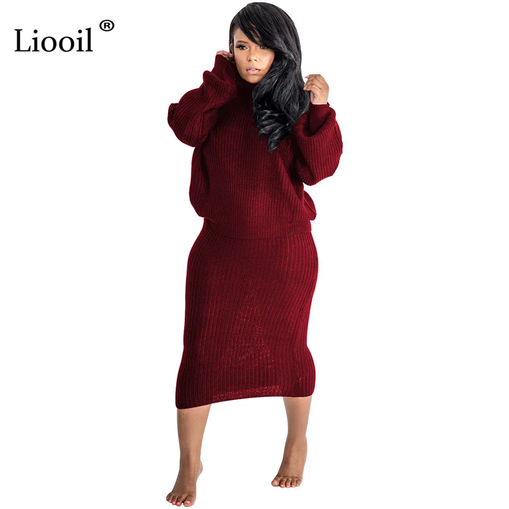 Liooil комплект одежды из двух предметов, сексуальный теплый свитер, платье миди, Женское зимнее платье с длинным рукавом, водолазка, вечерние платья бодикон для ночного клуба - Цвет: Jujube Red