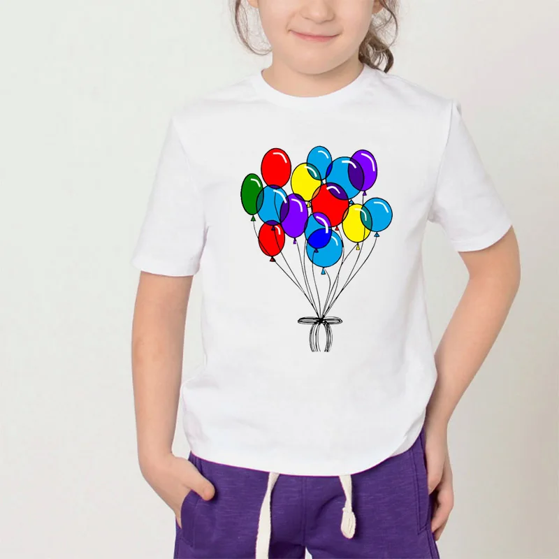 Футболка для девочек; детская футболка с принтом воздушных шаров; летняя модная футболка с короткими рукавами и вырезом лодочкой; одежда для малышей; футболка для девочек