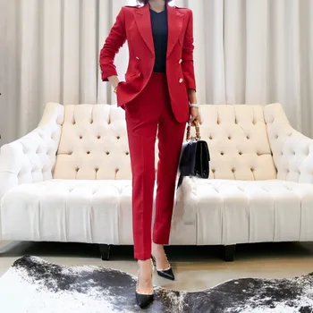 

Autumn New Slim Red Two-Piece Set Women's Long-Sleeved Notched Collar Jacket + Ankle-Length Pant Elegant Two-Piece Set