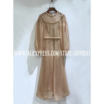 

High Quality Round Neck Organza Silk Grid cutout Plaid Long Sleeve Dress Women Long Sleeve Retro Plaid Long Dress Two-piece set