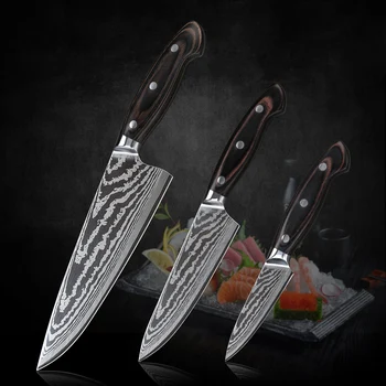 

Kitchen Knife Set 3PCS Pro Stainless Steel Kitchen Knife Damascus Laser Pattern Chef Utility Paring Knives Sets Pakkawood Handle