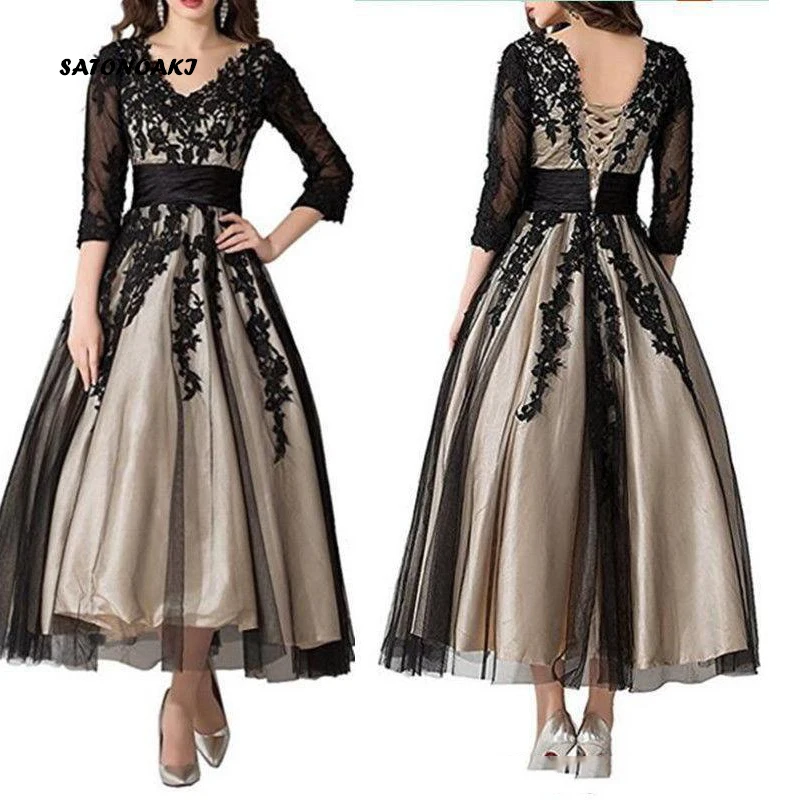 

SATONOAKI 3/4 Long Sleeve Lace Mother of the Bride Dress Ankle Length V Neck Champagne Lining Wedding Dress Special Occasion