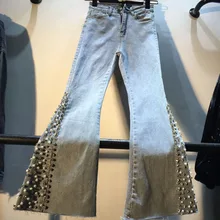 Европейский женский бисер джинсы длиной до щиколотки расклешённые джинсовые брюки со стразами жемчужные Модные Брюки Высокая талия стрейч уличная осень
