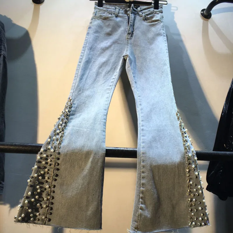 

Europe Women Beading Jeans Ankle-Length Flare Denim Pants Rhinestone Pearl Fashion Trouser High Waist Stretch Streetwear Autumn