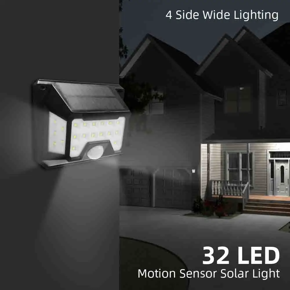 

32 LED Four-Sided Solar Power Light 120 Degree Motion Sensor Angle Wall Lamp Waterproof Outdoor Yard Garden Lighting