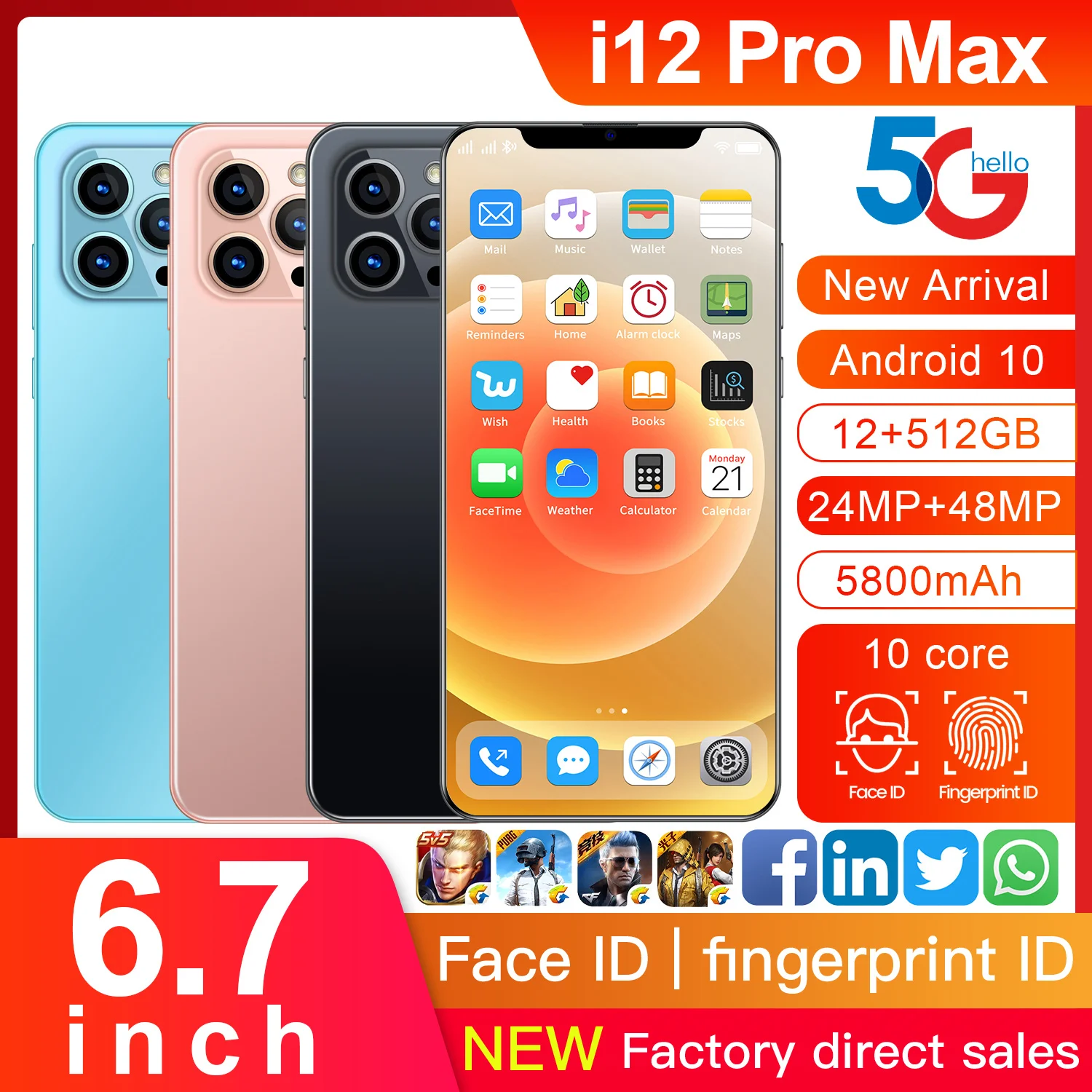 Смартфон I12 Pro Max 6 7 дюйма 12 + 512 ГБ | Мобильные телефоны и аксессуары