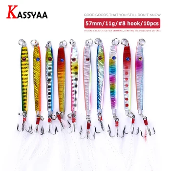 

10pcs/Set Wholesale Long Shot Jigging Fishing Lures 57mm11g #8Feather Fishhooks Colorful Sea Bass Spoon Bait Quality Spinner New