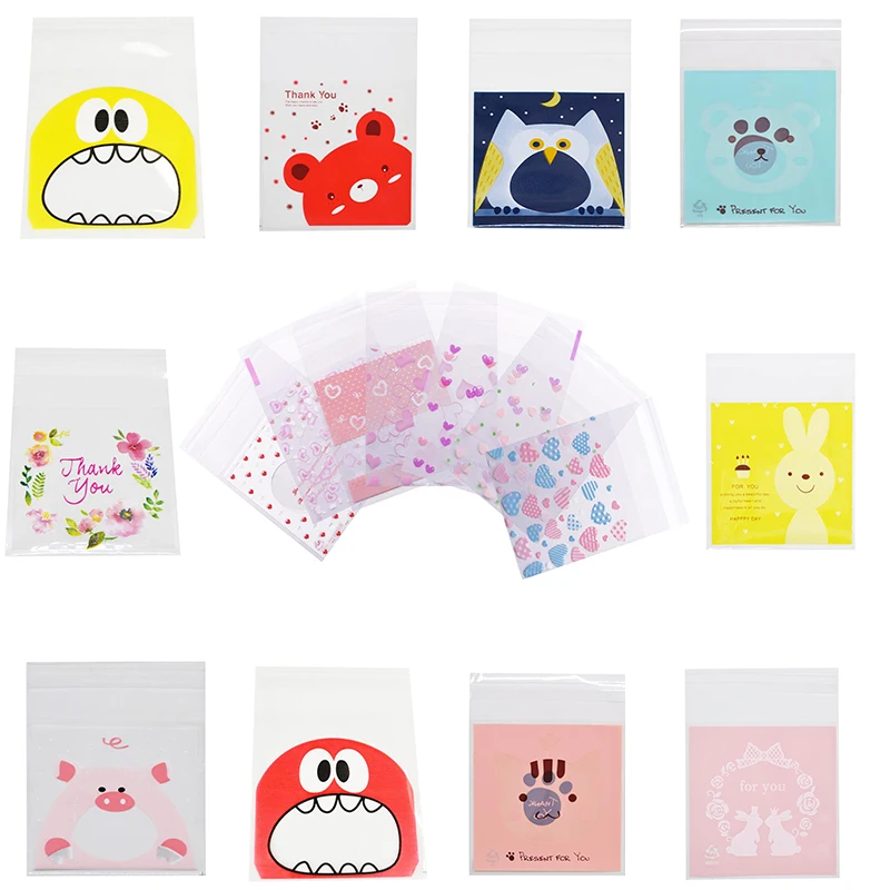 50pcs 7/10cm Gift Bags Cute Heart Cartoon Cookies Candy Packaging Self-Adhesive Plastic Bag For Wedding Birthday Party Supplies
