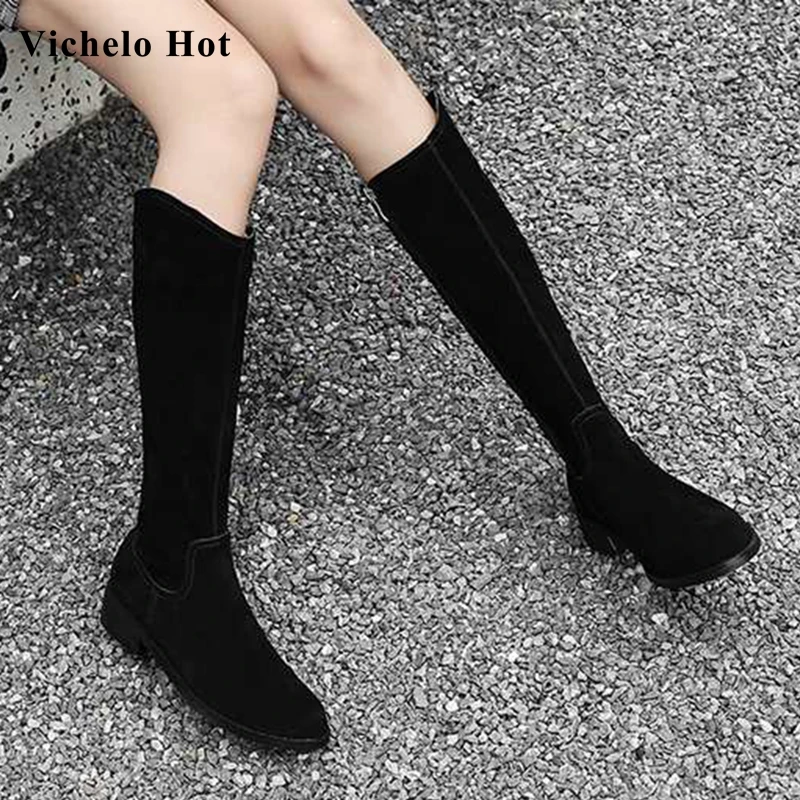 

Vichelo Hot soft breathable cow suede round toe med heels side Zipper fashion basic women winter keep warm thigh high boots L2f1