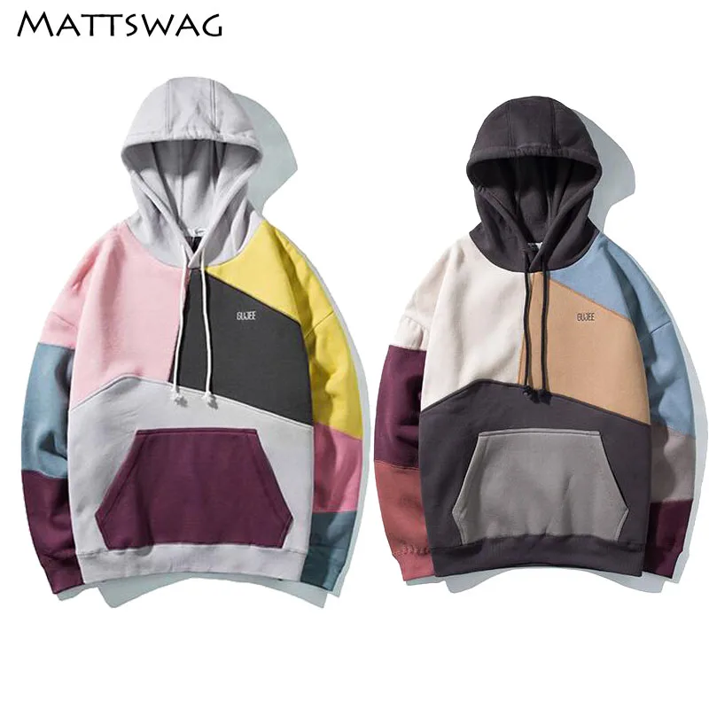 

MATTSWAG Hit Color Patchwork Mens Hoodies Sweatshirts Contrast Men Hoody Pullover Japanese Plus Velvet Men Street Outwear Couple