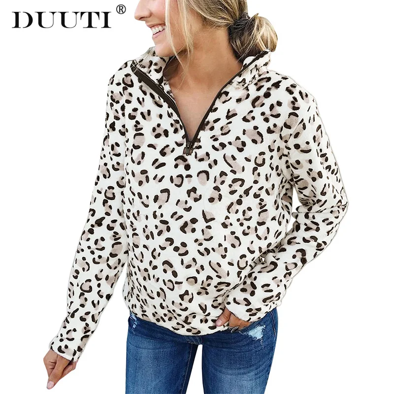 

Leopard Sweatshirt Women print Zipper Pullover Contrast Patchwork Tops Autumn Casual Warm Sweatshirts Female D30
