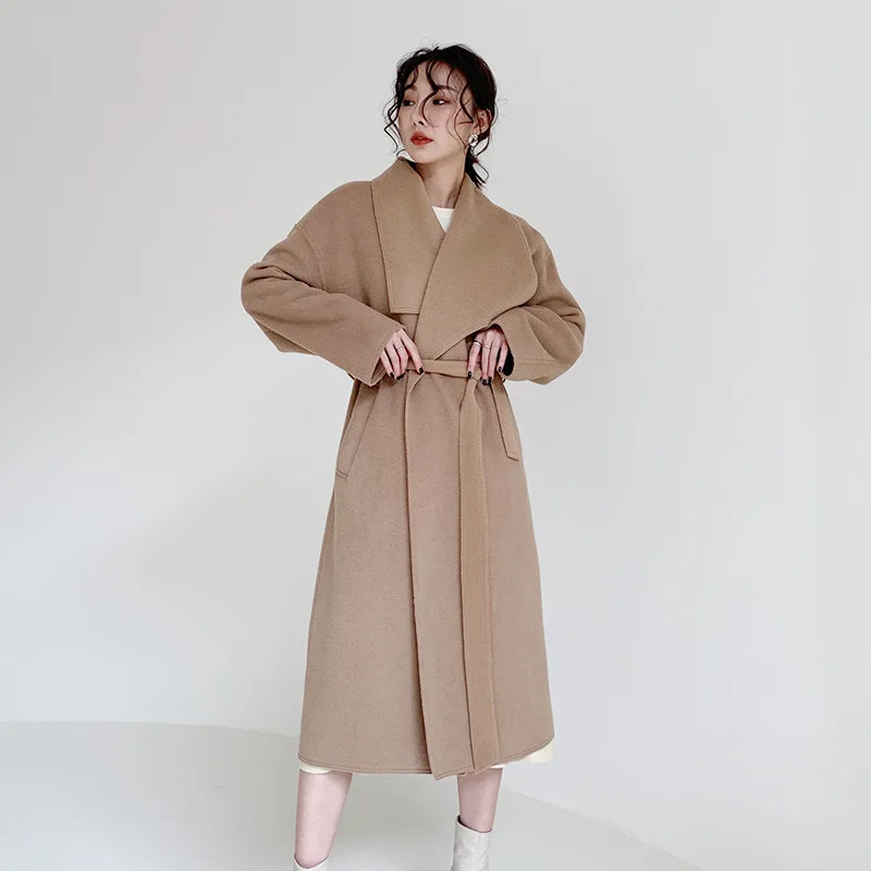 

Fall and Winter 2019 New Double-faced Wool Overcoat Women's Loose Large Turn-collar Wool Lace Temperament Wool Overcoat Coat