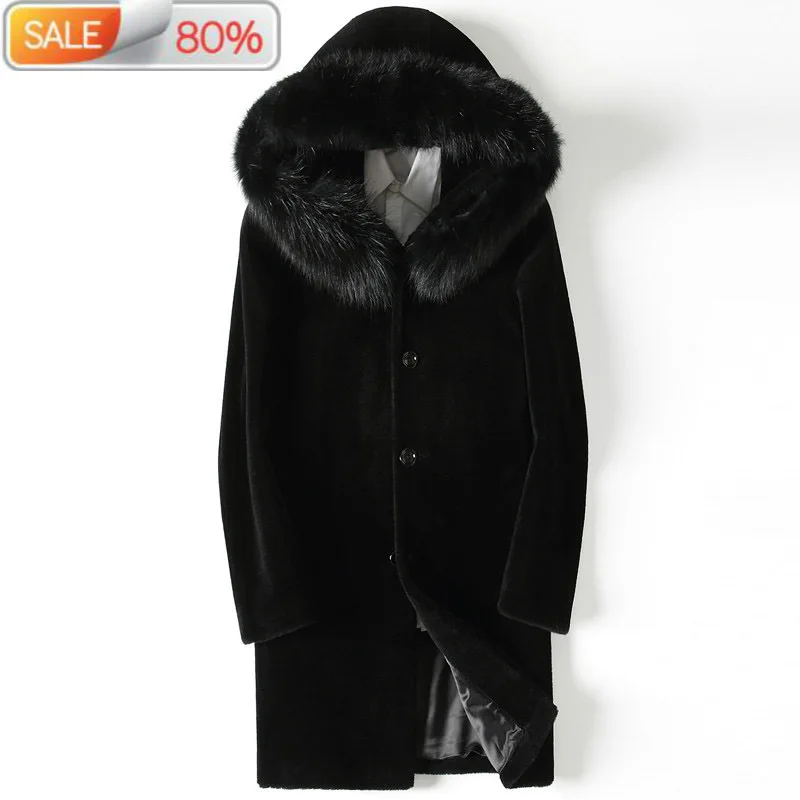 

Real Clothes 2020 Winter Jacket for Men Long Coat Fox Fur Collar Hooded Sheep Shearing Wool Coats B21075