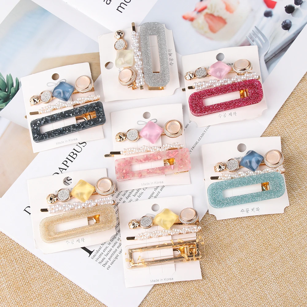 

3PCS/Set New Women Elegant Acetate Pearl Geometric Hairpins Girls Sweet Barrettes Headband Hair Clips Fashion Hair Accessories