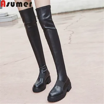 

ASUMER big size 34-43 fashion over the knee boots women round toe slip on genuine leather boots slim platform ladiesboots 2020