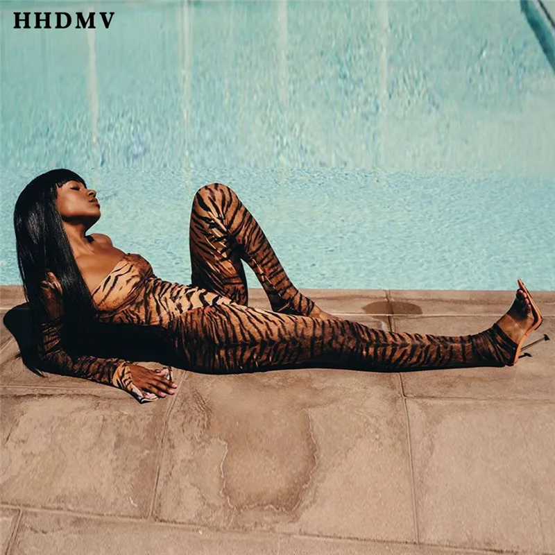 HHDMV SN4831 reduction of age sexy tribal peoples style jumpsuits long sleeve card shoulder printed jumpsuits long pants - Цвет: tiger stripes