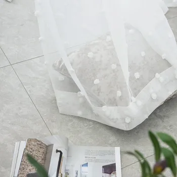 Cortina de tul bonito 3D con puntos de felpa, bola de algodón bordada