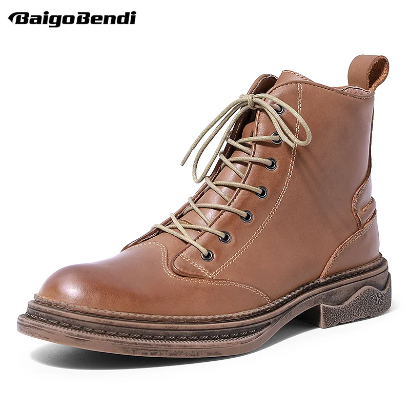 LOVE THESE BOOTS!! High End Full Grain Leather Ankle Boots Men Lace Up Work Business Man Basic Trendy Winter Shoes | Обувь
