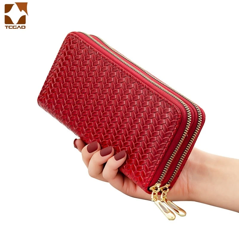 Monedero de charol para mujer, cartera larga doble cremallera, de mano, de diseño, - AliExpress
