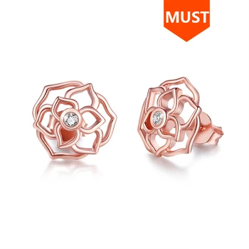 

SG 925 sterling silver rose flower stud earrings with white Zircon Hollow earring for women wedding party fashion Jewelry gift