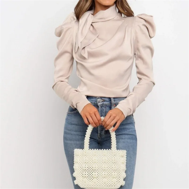 

New Fashion Women Satin Tops Bow Neck Long Puff Sleeve Black Elegant Outwear Shirt Office Lady Classic Blusas Chemise Outfits