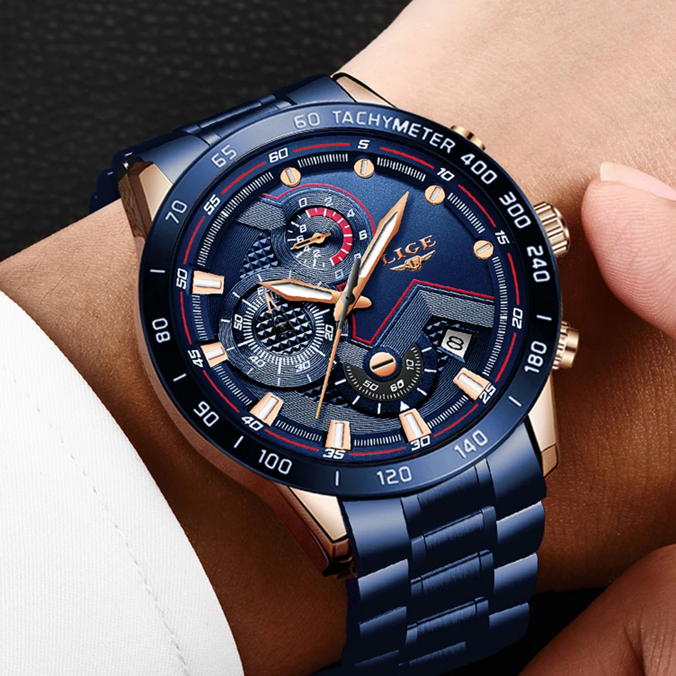 Lige Men Watches Top Brand Luxury Stainless Steel Blue Waterproof Quartz Watch Men Fashion Chronogr-5