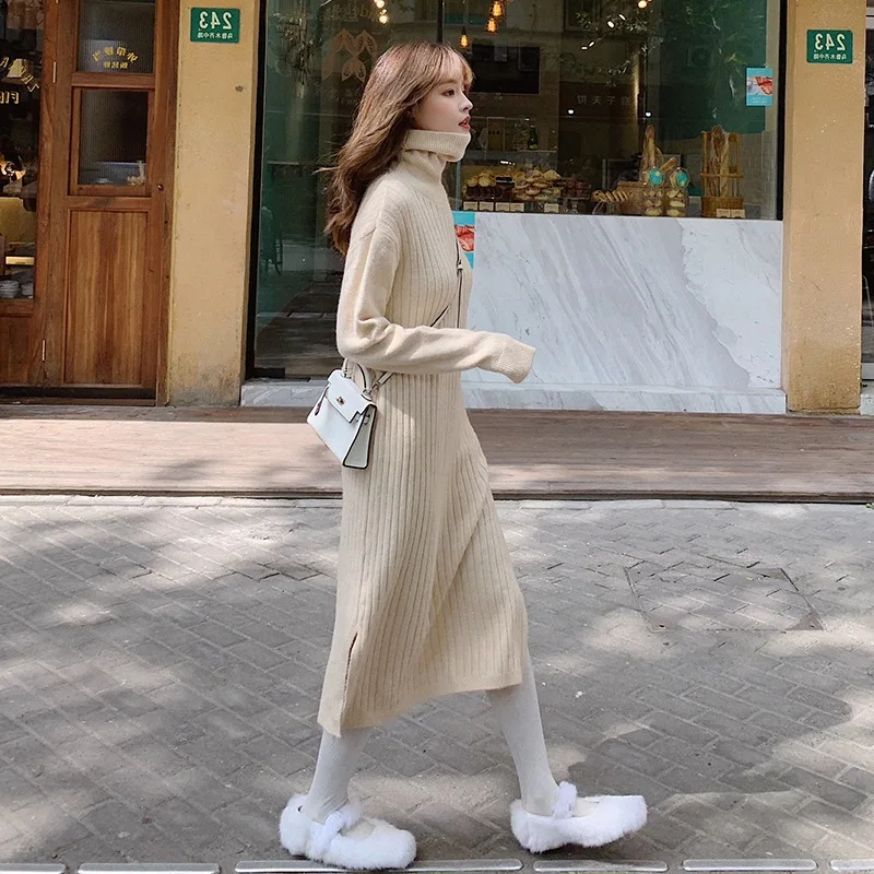 

Photo Shoot CHIC Ladies' Knitted Off-white Mid-length High Collar Slim Fit Side Slit Sweater Base Shirt Dress