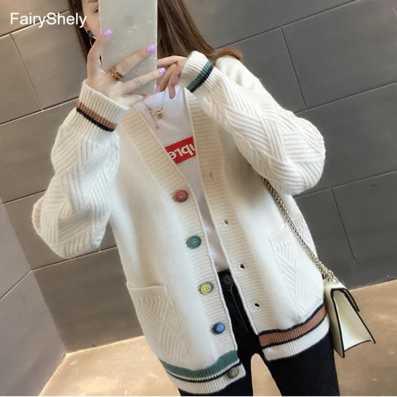 FairyShely Short sweater cardigan women Long sleeve streetwear ladies outwear jumper coat Casual female Girl winter sweater coat - Цвет: Белый