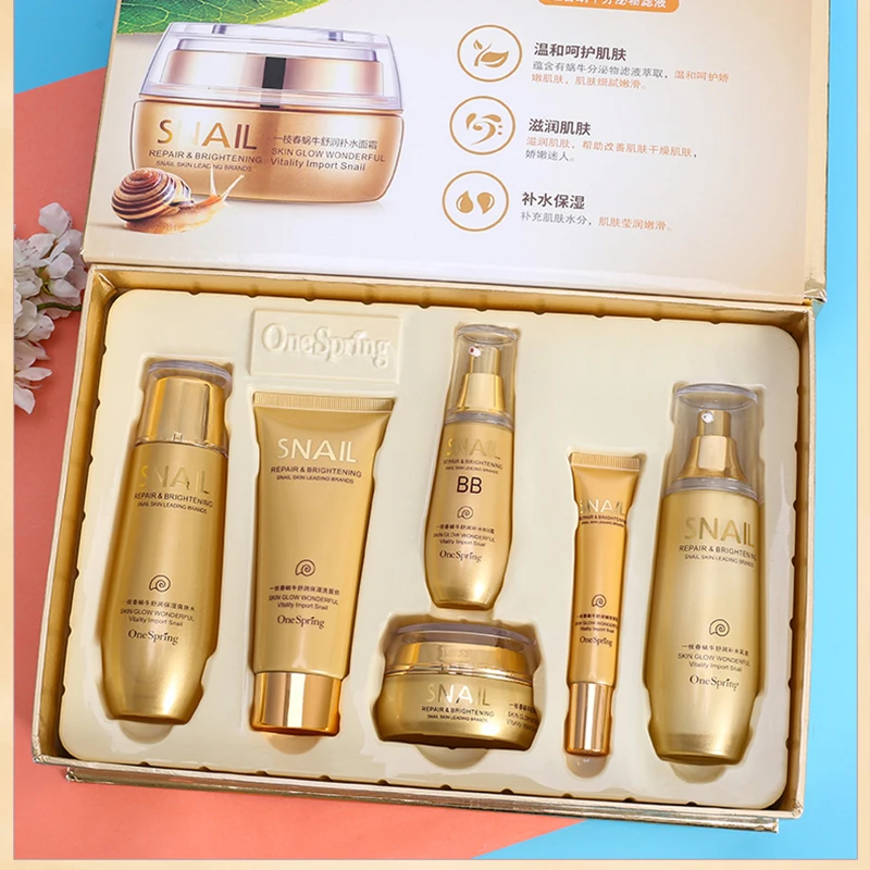 6PCS Gold Snail Face Skin Care Set Moisturizing Whitening Cream