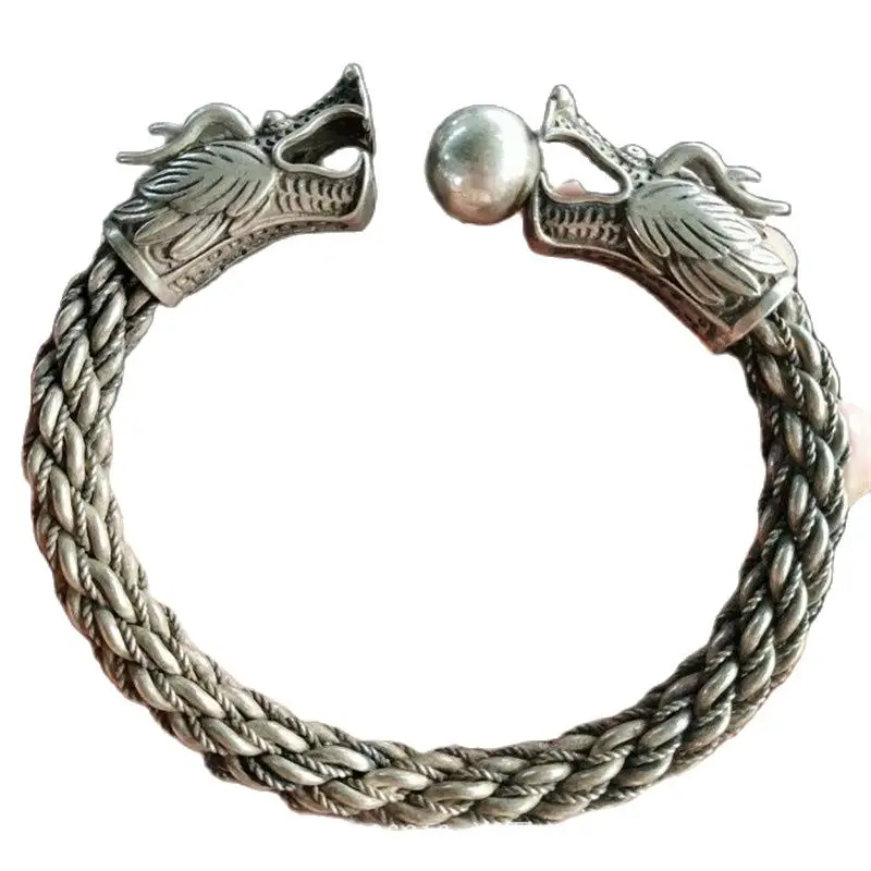 

China Old Tibetan Silver Double Headed Dragon Silver Bracelet Men's Bracelet