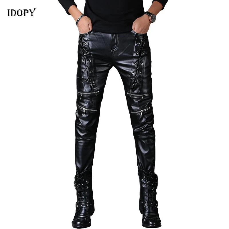 

Idopy Men`s Leather Pants Black Punk Style Skinny Lace Up Party Stage Performance Steampunk Faux PU Leather Trousers For Male