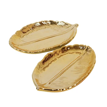

2 Pack Golden Leaf Shaped Storage Tray Ceramic Jewelry Ring Dish Plates Necklace Bracelet Holder Tray Organizer