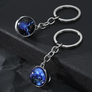 

12 Constellation Keychain Fashion Double Side Cabochon Glass Ball Keychain Zodiac Signs Jewelry for Men for Women Birthday Gift